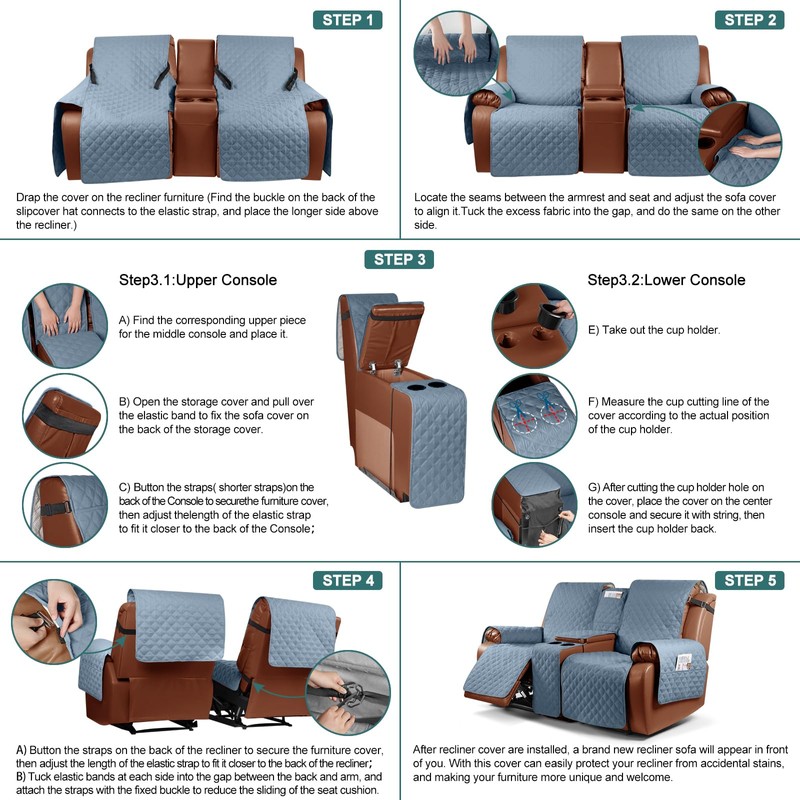 Ruaozz Waterproof Loveseat Recliner Cover with Console Non-Slip Reclining Couch