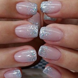 YoYoee Press on Nails -Short Nude Fake Nails Square False Nails Bling Galaxy Nails Tips for Women and Girls 24Pcs