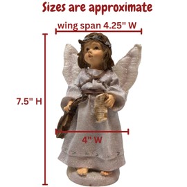 BANBERRY DESIGNS Angel Figurine Holding a Violin & Scroll - Glittery Angel with Fabric Wings - 7.5 Inches Tall -