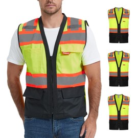 ProtectX 6-Pocket Class 2 High Visibility Safety Vest for Men Women, Reflective Vest with Zipper Front & Solid Back, Hi Vis Vest for Work & Construction, Green, XX Large, 3 Pack