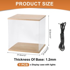 MECCANIXITY Clear Display Case, Acrylic Figure Display Case Clear Display Boxes for Collectibles, Figures Model Toys Home Storage(with Square LED Light, 12x12x13 Inch Wood Base)
