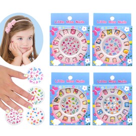 Press on Nails for Kids 3-6,With Cute DIY Stickers,4 Pack 48Pcs Little Girls Sparkling Princess Nails,Cute Pattern Childhood Series