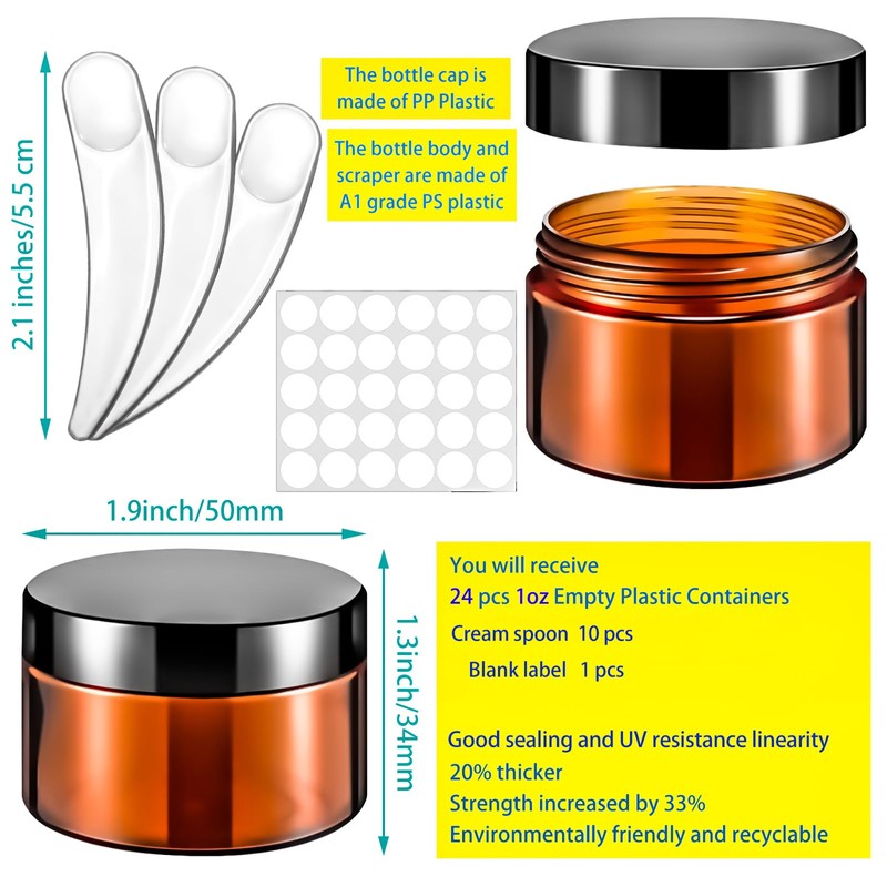 MotBach 24 Pack 1oz Amber Plastic Jars, 30ml Empty Small
