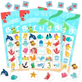 Under The Sea Party Bingo Game, 24 Player Ocean Animal Bingo Cards Set for Family Friend Activity, Mermaid Party Favor Decoration Holiday Supplies -a06