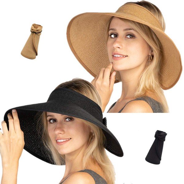 Women Sun Visors Foldable Straw Hats Summer Beach Packable Hat Floppy Wide Brim Cap Big Heads Sombrero (Black+Khaki)