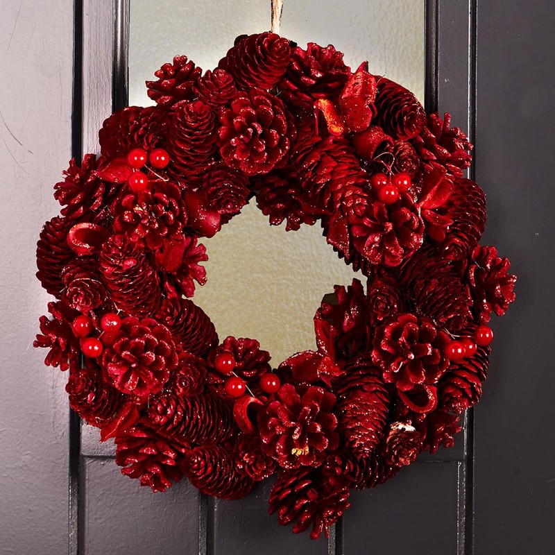 30cm Christmas Wreath Door Decoration Wooden Red Pine Cone Garland