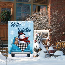 Louise Maelys Hello Winter Garden Flag 12x18 Double Sided, Burlap Small Vertical Buffalo Check Plaid Truck with Snowman Dog Yard House Outside Outdoor Decoration