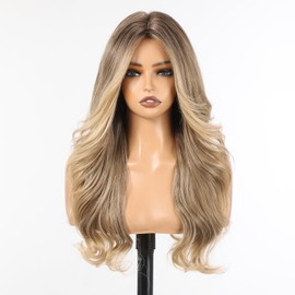 Allbell Brown Ash Blonde Ombre Synthetic Mesh Wig Women, 4 x 4 Freely Separable Scalp, 22 Inch Curly Wig with Curtain Fringe for Everyday Use