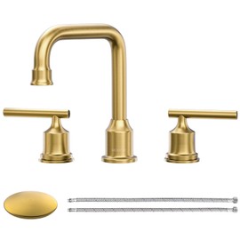 WOWOW Brushed Gold Bathroom Faucet Widespread Bathroom Sink Faucet 2 Handle Lavatory Tap 3 Holes with Drain and Supply Hoses Mordern Basin Taps
