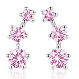 Sterling Silver Stud Earrings for Women Girls, Hypoallergenic Silver Climber Stud Earrings with 3 Stone Pink Cubic Zriconia Jewelry Gifts for Birthday Wedding