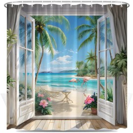 BNYARH Seascape Shower Curtain Beach Tropical Palm Trees Ocean Flamingos Coastal Nat...