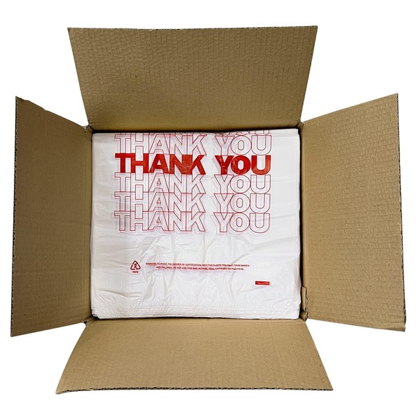 Tashibox Plastic bags with handles，thank you bags，Measures 11.5" X 6.25" X 21", 15mic, 0.6 Mil (400 Count),Reusable and Disposable Grocery Bags