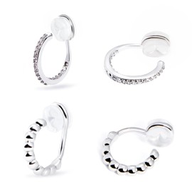 Yurielys Clip on Hoop Earrings for Women, 14K Real Gold Plated Non Pierced Small Hoop Cubic Zirconia, Fake Piercing Mini Beaded Hoop Earrings Set 2 Pairs, Small, White Gold, Cubic Zirconia