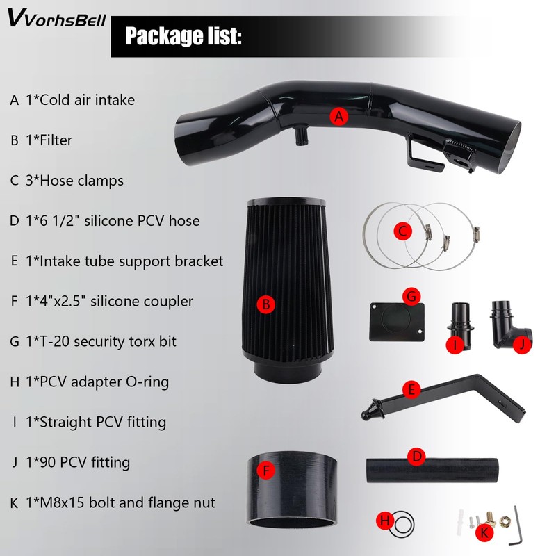 VVORHSBELL Cold Air Intake Kit，4″Cold Air Intake Pipe Kit with