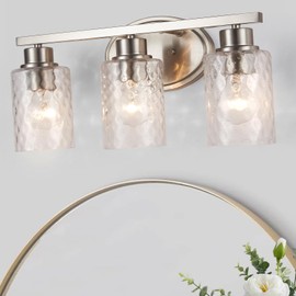 Bathroom Vanity Light Fixtures Over Mirror, Seeded Hammered Glass Bathroom Vanity Light, 3 Light Brushed Nickel Bathroom Light Fixtures with Clear Glass, Modern Rustproof Vanity Light Wall Mount