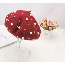 2021 Vintage Pearl Wool Beret Hat Lady Fashion Artist Hat (Wine red)
