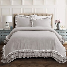 Lush Decor Ella Ruffle Lace Comforter, 3 Piece Set, Full/Queen, Light Gray - Cute Comforter - Queen Bedding Set - Gray Bedding Full Size - Coquette Decor - Ruffle Trim - Lace Trim