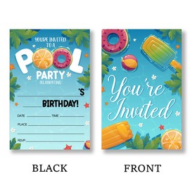 QZJ Pool Birthday Party Invitations Fill-In Set of 20 with Envelopes Watercolor Summer Swimming Pool Bash Invites Cards