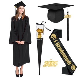 Matreeglam Graduation Talar with Graduation Hat, 2025 Graduation Robe, Black Graduation Robe, Tassel 2025, Plain Graduation Dress for College/High School/Bachelor/Master Graduation, Unisex (Black, S)
