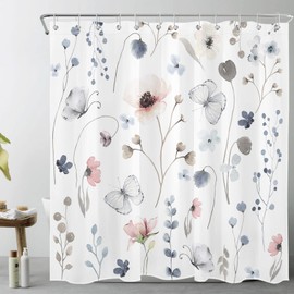 WEENEO Watercolor Floral Shower Curtain Blue Pink Wildflower and Butterfly on White Fabric Shower Curtain Set for Bathroom Rustic Farmhouse Botanical Bath Curtain with 12pcs Hooks, 72x72 Inch
