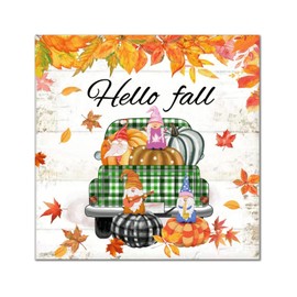 Hello Fall Gnome Pumpkin Plaid Truck Wooden Sign Farmhouse Maple Leaves Wall Plaque Harvest Thanksgiving Wall Decor Hanging Plaque Sign For Bedroom Living Room Wall Kitchen Home 14x14in
