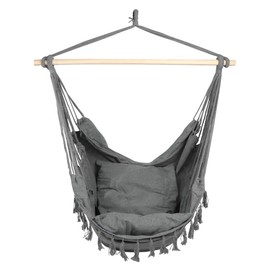 E EVERKING Hammock Chair, Hanging Rope Swing Seat for Indoor Outdoor, Soft Durable Cotton Canvas, 2 Cushions Included, Large Reading Chair with Pocket for Home, Bedroom, Patio, Porch (B-Gray)