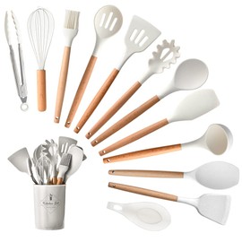 Juego de Utensilios de Cocina de Silicona Utensilios Herramientas de Cocina de Madera Silicona - Antiadherentes - Resistentes al calor con...         