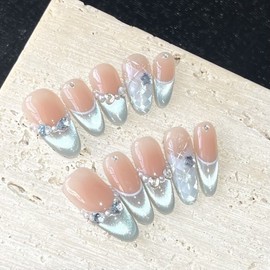 [Overseas] Luxury Nail Sticker Sea Salt Grid Pattern Pure Manual Light Therapy Wearable Nail Blue Cat Eye Luxury L/Medium oval sea salt 4ea