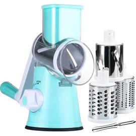 Maxceysen Rotary Cheese Grater with Handle Vegetable Shredder Round Kitchen Slicer Mandoline Grater for Vegetable, Nuts, Chocolate, Cheese, White, 3 Stainless Steel Blades