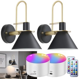 Battery Operated Wall Sconces Set Of Two, Rechargeable Wireless Wall Lights With 10000mAh RGB Dimmable Detachable Bulb, Battery Sconces Wall Decor With Remote For Bedroom Living room Hallway (Black)