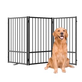 SNUOWU Full Metal Freestanding Dog Gate with Door, 32''Height Foldable Pet Dog Fence for Indoor & Outdoor, 3 Panels Extra Wide Free Standing TallDog Gates for Doorways,House,Stairs,Porch,Deck,Yard