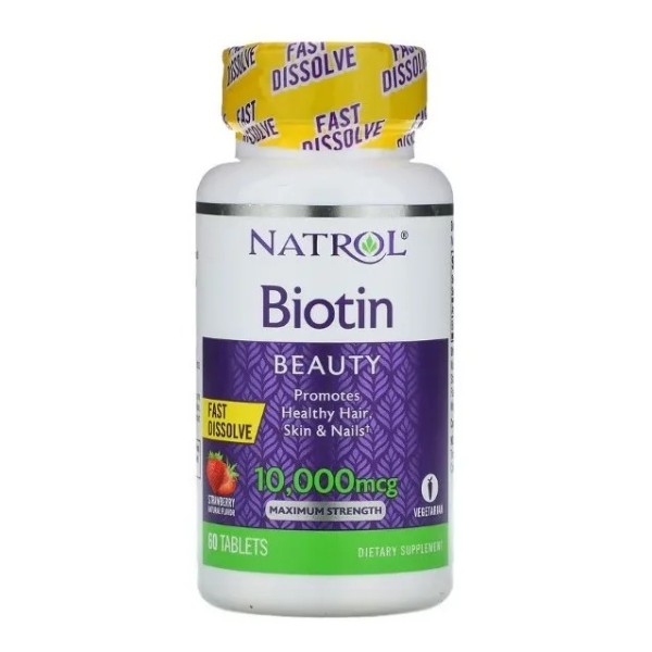 Natrol Biotina 10000 Mcg, Máxima Fuerza Sabor Fresa, 60 Tabletas,