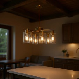 Modern Gold Iron Pendant Light 6-Light Clear Glass Shade Round Cylindrical Indoor Chandelier For Dining Room Kitchen IslandMaterial: Iron, Color: Gold Color