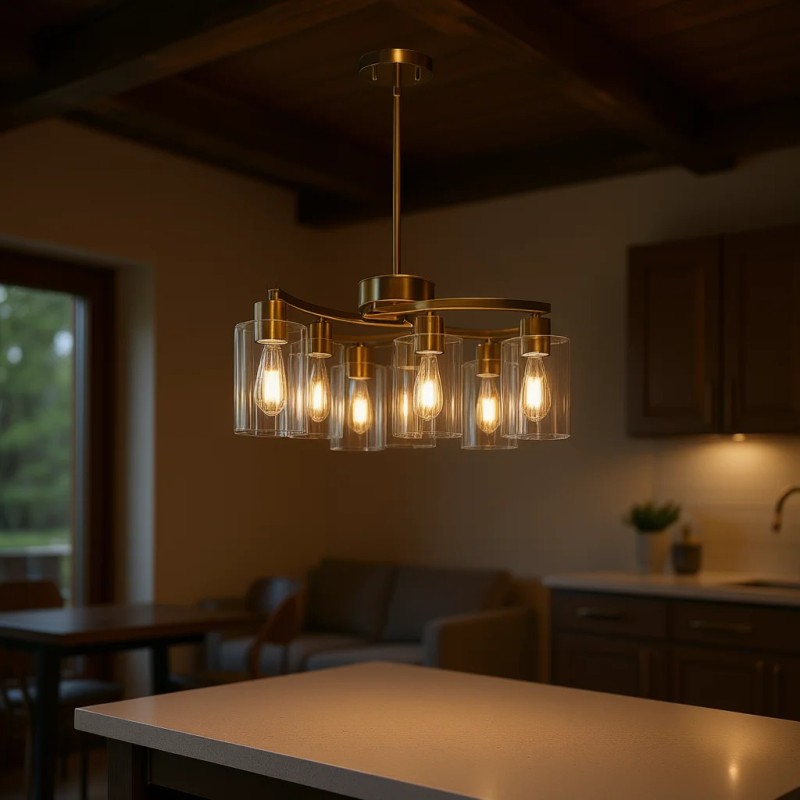 Modern Gold Iron Pendant Light 6-Light Clear Glass Shade Round