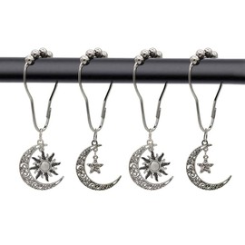 Decorative Shower Curtain Hooks Rings Set of 12 with Stars Moon Sun Pendant for Celestial Bathroom Decor, Primitive Western Witch Themed Bathroom Decor, Rust Proof Stainless Steel (Silver)