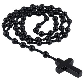 Nupuyai Natural Black Agate Cross Stone Pendant Necklace Amulet Healing Crystal Beads Long Braided Necklace for Women Men