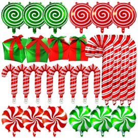 Christmas Foil Balloons, 32 Pcs Candy Cane Swirl Balloons, Large Christmas Mylar Red Green Balloons Kit for Christmas Party Decorations Birthday Candy Themed Party