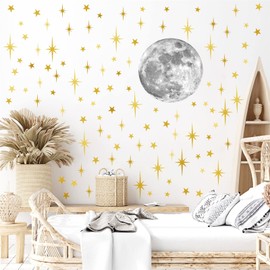 Moon and Stars Wall Decal Moon Wall Sticker Gold Star Decals Peel and Stick Wall Stickers Mural for Kids Baby Room Nursery Wall Decor Vinyl Star for Ceiling Wall Decals for Bedroom Playroom Decoration
