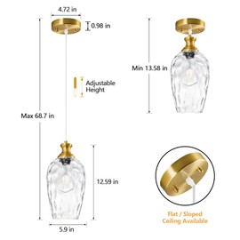 LBSQJ Glass Pendant Lights Kitchen Island 1 Pack 5.9" Clear Hammered Glass Pendant Light Gold Kitchen Pendant Lighting Over Sink Modern Bedroom Dining Room Hanging Light Fixture