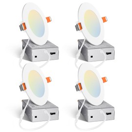 Amico 4 Pack 4 Inch 5CCT Ultra-Thin LED Recessed Ceiling Light with Junction Box, 2700K/3000K/3500K/4000K/5000K Selectable, 10W Eqv 60W 700LM Brightness Dimmable Canless Wafer Downlight, ETL & FCC