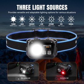 Brinyte HC01 Rechargeable Headlamp with White and Red Light, 1000 Lumens Ultra-Bright USB C Headlight, Lightweight and Waterproof for Outdoor Camping, Hiking, Running, and Cycling