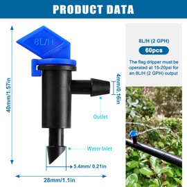 VooGenzek 60 Pieces 2 GPH 8 L/H Irrigation Dripper Emitter, Watering Emitter, Drip Emitter, Garden Flags Watering, Garden Flag Irrigation Dripper for Garden, Trees and Shrubs, Blue