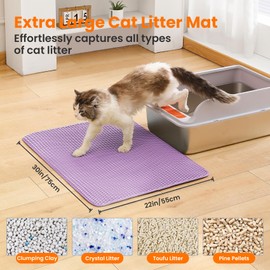 Petinstinct Extra Large Cat Litter Mat, 30x22 Inches Honeycomb Double Layer Cat Litter Trapping Mat, Non Slip Waterproof Urine Proof Large Kitty Litter Box Mat for Floor, Kitten Supplies, XL, Purple