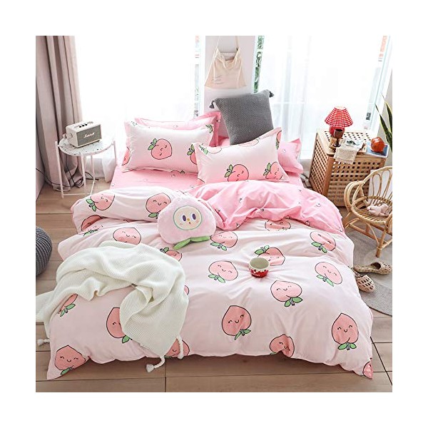 Cartoon Duvet Cover Set Twin Pink Peach Bedding Set Kid Kawaii Bedding Set Girl Lovely Peach Comforter Cover Cute Fruits Quilt Cover Tropical Plant Bedding Reversible Soft Bedspread Cover Room Decor