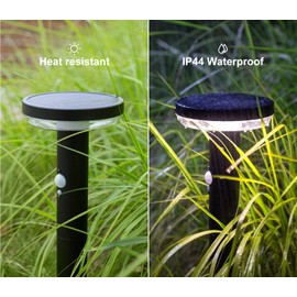 DAWALIGHT LED Solar Floor Light Outdoor with Plug 3 Modes 3000 K Garden Light Path Light with Motion Sensor Round IP44 Waterproof Bollard Light for Garden Patio Driveway, Stainless Steel, Black