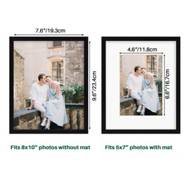 EYMPEU 8x10 Photo Frame in Black, Display Pictures 7x5 with Mat or 10x8 Without Mat, 10 x 8 Photo Frame with Stand for Tabletop or Wall Hanging - Single