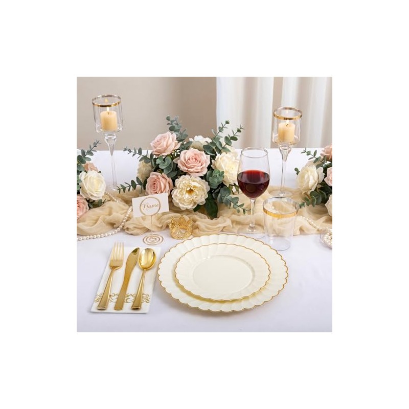 YOUBET 175PCS Ivory Scalloped Plastic Plates - Gold Disposable Dinnerware