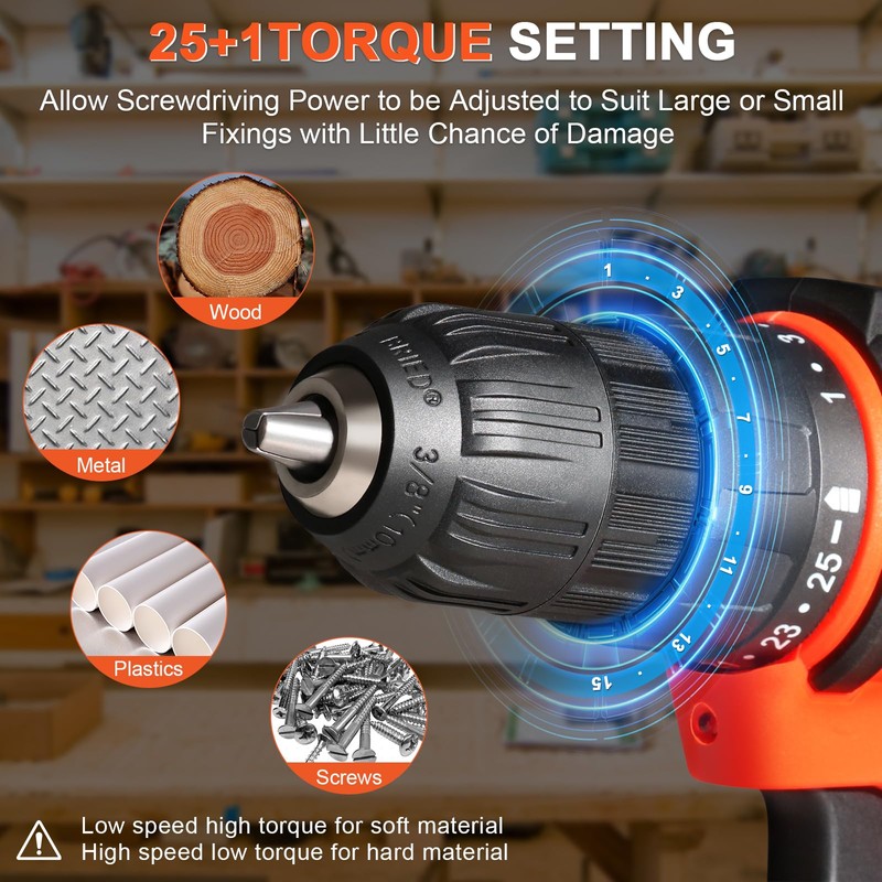 20v Drill Driver Set,Cordless Drill with Battery and Charger,LED Drill