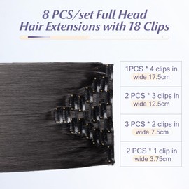 Elailite Clip-In Extensions, Natural Black, Hair Extensions, Straight, 8 Wefts Hair Extensions Clip, 58 cm, 140 g for Full Head