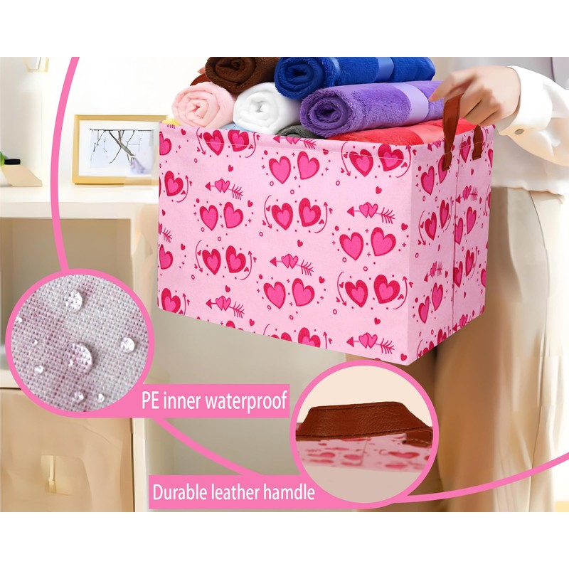 BOOHIT Pink Valentines Day Basket Large Foldable Heart Shaped Storage